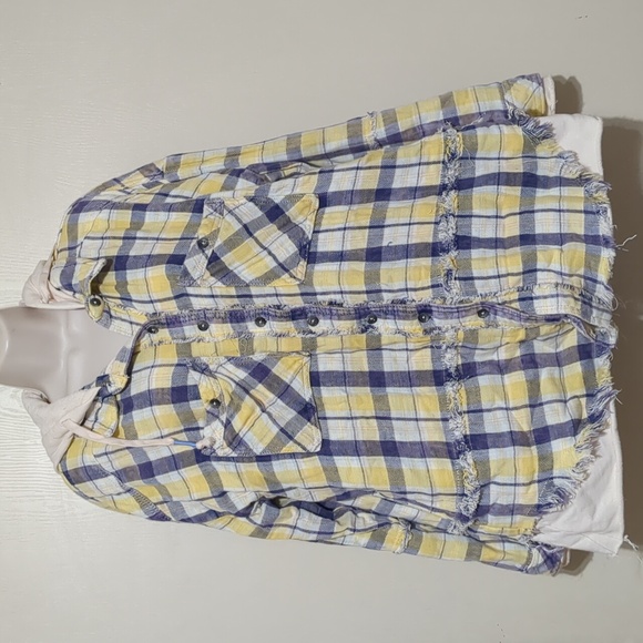 We The FREE Calico Basin Plaid Hooded Yellow Purple Oversized Shirt Size Small - Picture 7 of 11